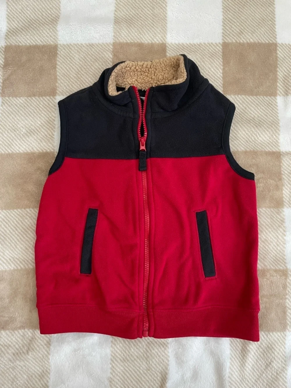 Carter's 18-24 Months Red and Black Fleece Vest with Tan Sherpa Collar EUC